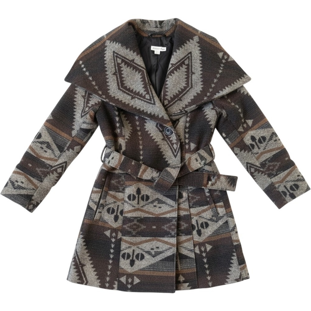 Coldwater Creek Southwestern Wrap Coat M Brown Grey Geometric Wool Blend Boho